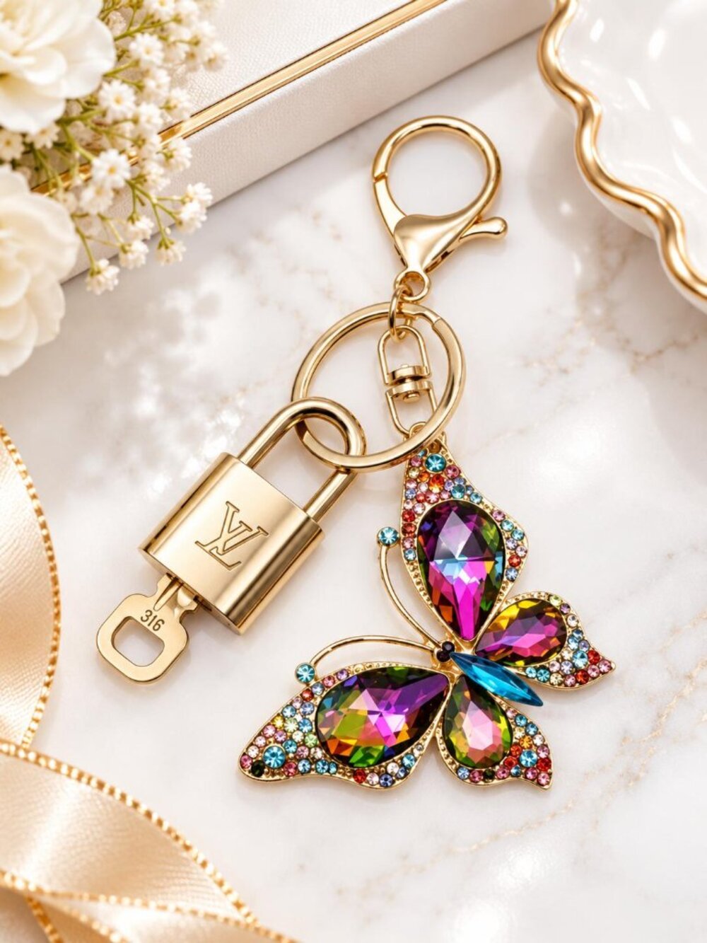Louis Vuitton Gold Padlock 🔒 Key Set Authentic LV w/ Unbranded Butterfly Charm